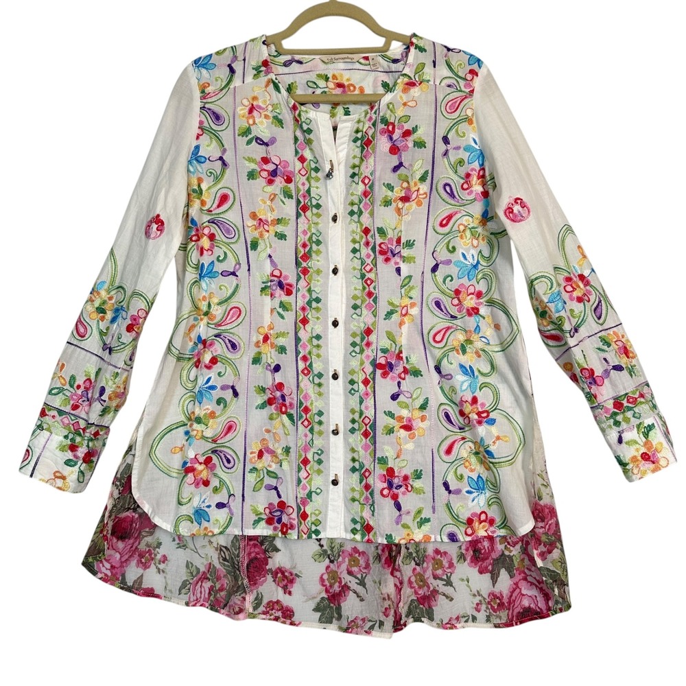 Soft Surroundings Blouse Tunic Embroidered‎ M Cotton Floral Button Front Top